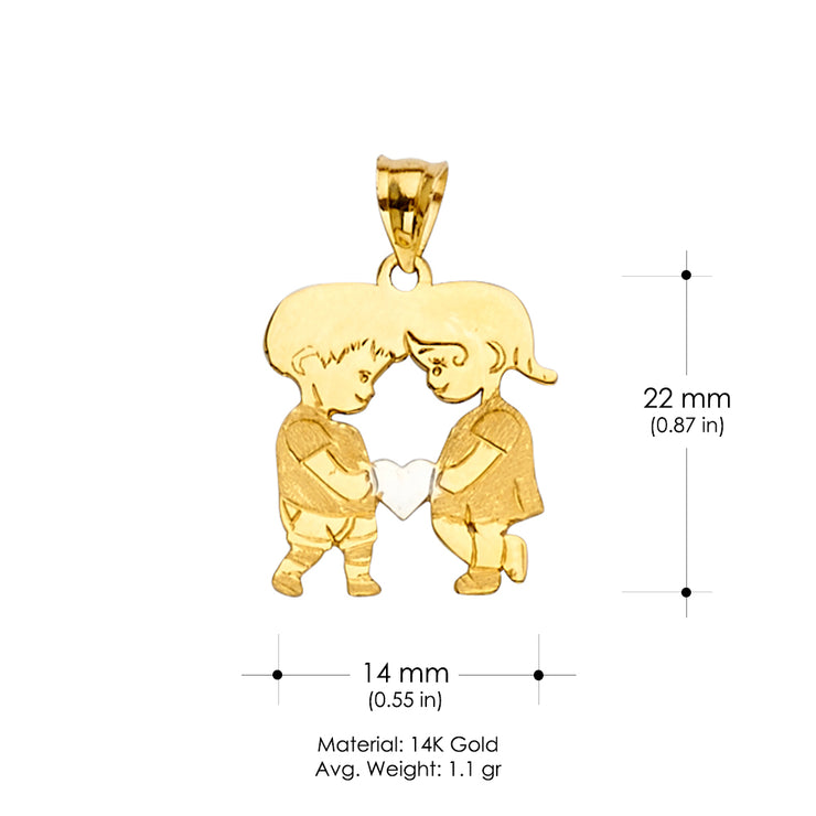 14K Gold Girl and Boy heart Charm Pendant