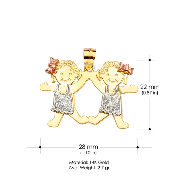 14K Gold Girl and Girl Charm Pendant