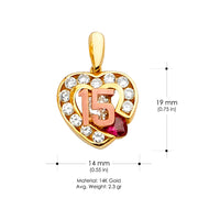 14K Gold CZ 15 Years Quinceanera Charm Pendant