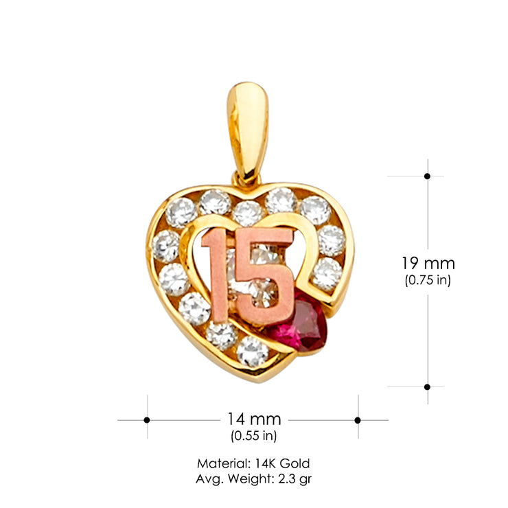 14K Gold CZ 15 Years Quinceanera Charm Pendant