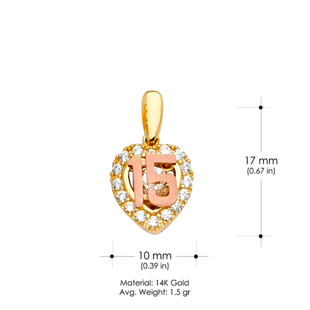 14K Gold CZ 15 Years Quinceanera Charm Pendant