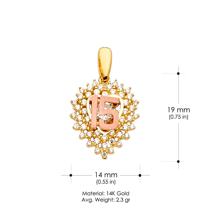 14K Gold CZ 15 Years Quinceanera Charm Pendant