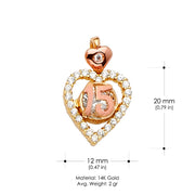 14K Gold CZ 15 Years Quinceanera Heart Charm Pendant