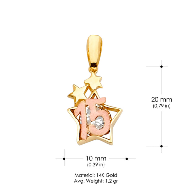 14K Gold CZ 15 Years Quinceanera Star Charm Pendant