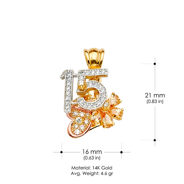 14K Gold CZ Quinceanera Heart & Flower Motion Charm Pendant