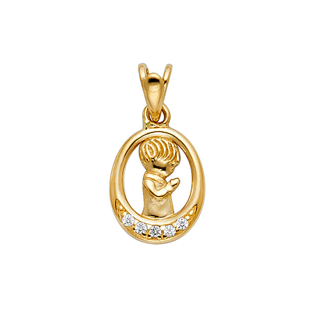 14K Gold CZ Boy Prayer Charm Pendant with 0.9mm Wheat Chain Necklace