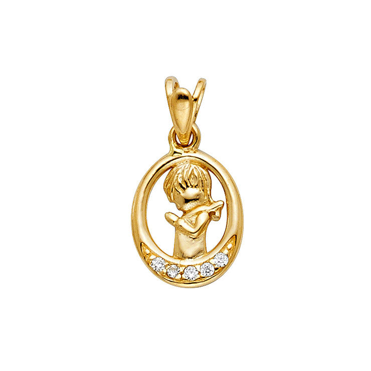 14K Gold CZ Girl Prayer Religious Charm Pendant with 0.6mm Box Chain Necklace