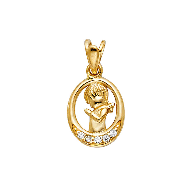 14K Gold CZ Girl Prayer Charm Pendant with 0.9mm Wheat Chain Necklace