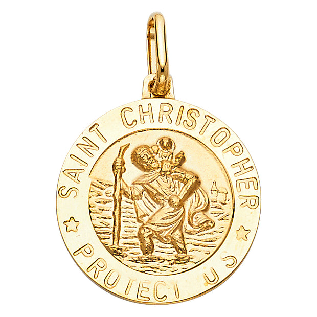14K Gold St. Christopher Protect Us Pendant with 2.3mm Figaro 3+1 Chain