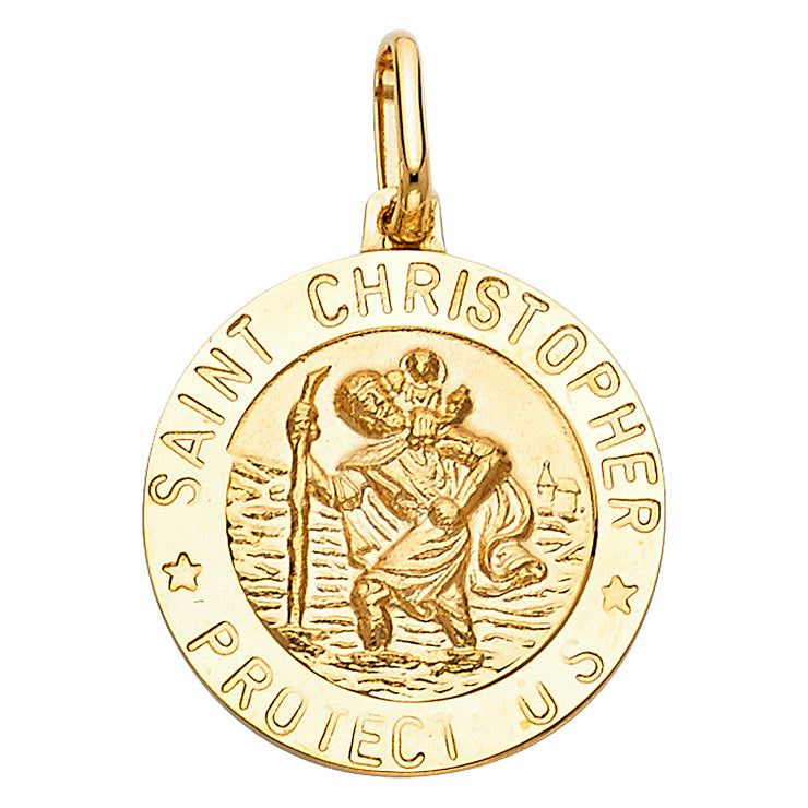 14K Gold St. Christopher Protect Us Charm Pendant with 1.1mm Wheat Chain Necklace