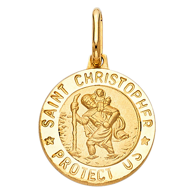 14K Gold St. Christopher Protect Us Charm Pendant with 1.1mm Wheat Chain Necklace