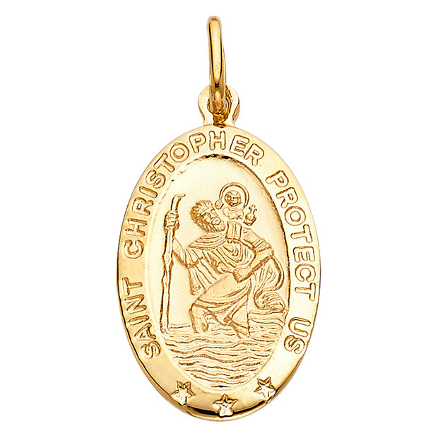 14K Gold St. Christopher Protect Us Pendant with 2.3mm Figaro 3+1 Chain