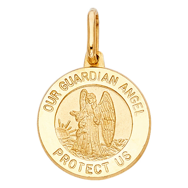 14K Gold Our Guardian Angel Protect Us Pendant with 0.9mm Singapore Chain