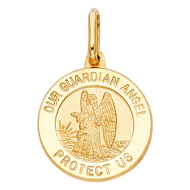 14K Gold Our Guardian Angel Protect Us Charm Pendant with 0.9mm Wheat Chain Necklace