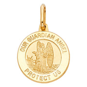 14K Gold Our Guardian Angel Protect Us Pendant with 1.2mm Flat Open Wheat Chain