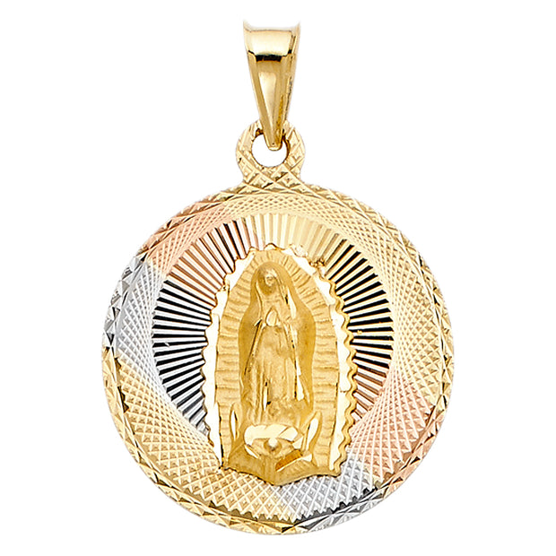 14K Gold Diamond Cut Guadalupe Stamp Religious Charm Pendant with 1.2mm Box Chain Necklace