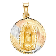 14K Gold Diamond Cut Guadalupe Stamp Religious Charm Pendant with 1.2mm Box Chain Necklace