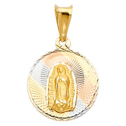 14K Gold Diamond Cut Guadalupe Stamp Religious Charm Pendant with 0.8mm Box Chain Necklace