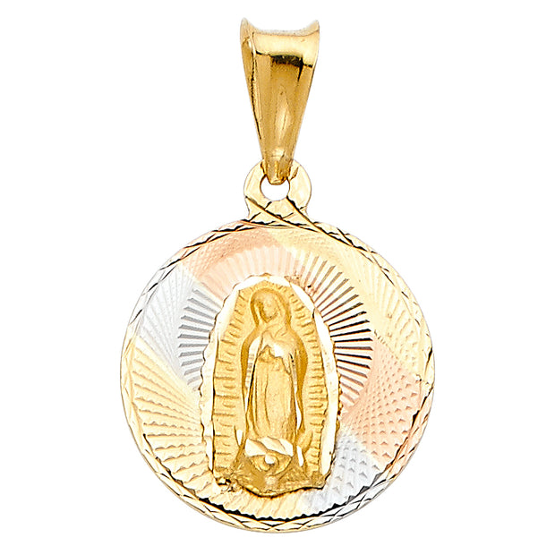 14K Gold Diamond Cut Guadalupe Stamp Religious Charm Pendant with 0.8mm Box Chain Necklace