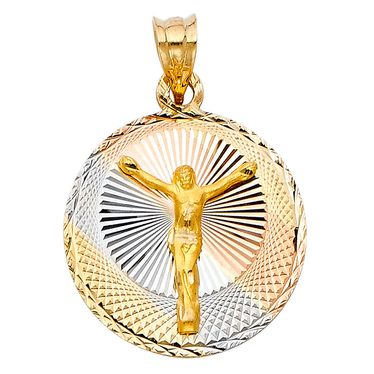 14K Gold Diamond Cut Jesus Stamp Religious Charm Pendant with 1.2mm Box Chain Necklace