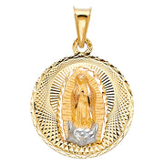 14K Gold Diamond Cut Guadalupe Stamp Religious Charm Pendant with 1.2mm Box Chain Necklace