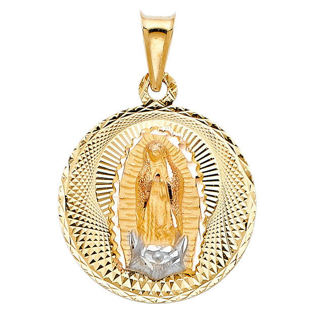 14K Gold Diamond Cut Guadalupe Stamp Charm Pendant with 1.1mm Wheat Chain Necklace