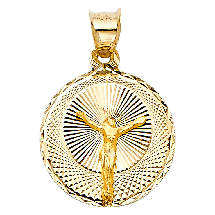 14K Gold Diamond Cut Jesus Stamp Charm Pendant with 1.1mm Wheat Chain Necklace