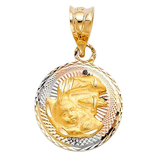 14K Gold Diamond Cut Stamp Baptism Religious Charm Pendant with 0.8mm Box Chain Necklace