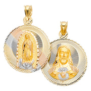 14K Gold Double Side Stamp Virgin Mary & Jesus Pendant with 3.4mm Hollow Cuban Chain