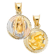 14K Gold Double Side Stamp Virgin Mary Baptism Pendant with 2mm Hollow Cuban Bevel Chain