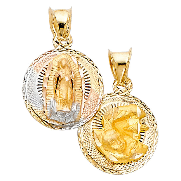 14K Gold Diamond Cut Double Side Stamp Virgin Mary Baptism Religious Charm Pendant with 0.8mm Box Chain Necklace