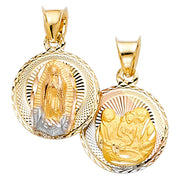 14K Gold Diamond Cut Double Side Stamp Virgin Mary Baptism Charm Pendant with 0.9mm Wheat Chain Necklace