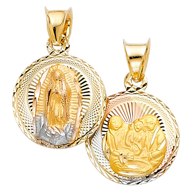 14K Gold Diamond Cut Double Side Stamp Virgin Mary Baptism Religious Charm Pendant with 0.8mm Box Chain Necklace