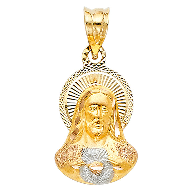 14K Gold Diamond Cut Jesus Stamp Charm Pendant with 0.9mm Wheat Chain Necklace