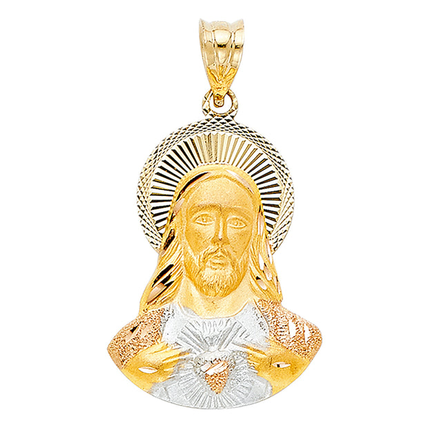 14K Gold Diamond Cut Jesus Stamp Religious Charm Pendant with 1.2mm Box Chain Necklace