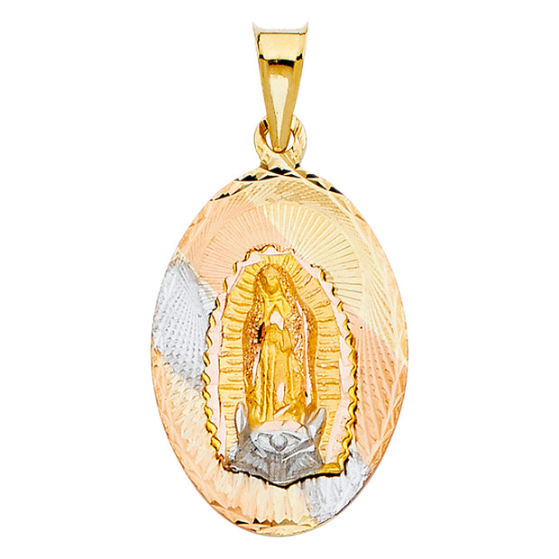 14K Gold Diamond Cut Guadalupe Stamp Charm Pendant with 1.1mm Wheat Chain Necklace