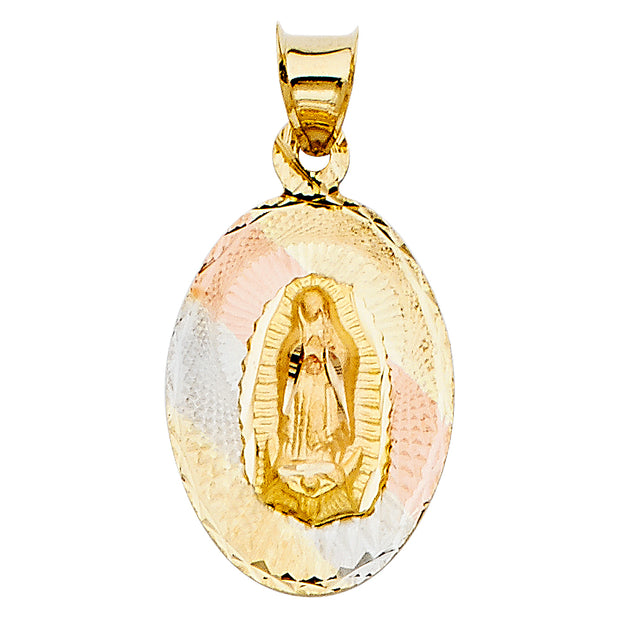 14K Gold Diamond Cut Guadalupe Stamp Religious Charm Pendant with 0.8mm Box Chain Necklace