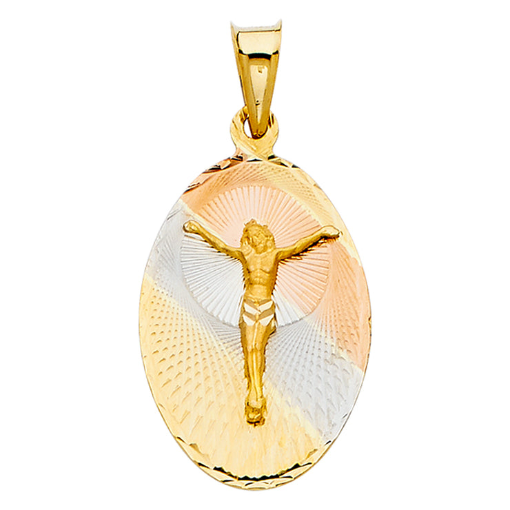 14K Gold Diamond Cut Jesus Crucifix Stamp Religious Charm Pendant with 0.8mm Box Chain Necklace