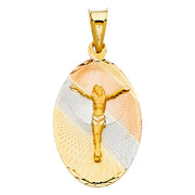 14K Gold Diamond Cut Jesus Crucifix Stamp Charm Pendant with 1.1mm Wheat Chain Necklace