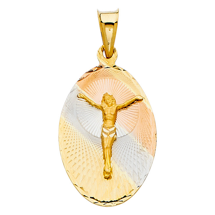 14K Gold Diamond Cut Jesus Crucifix Stamp Charm Pendant with 1.1mm Wheat Chain Necklace