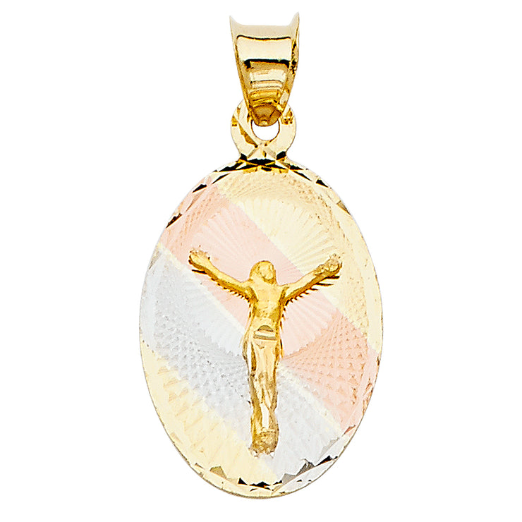 14K Gold Diamond Cut Jesus Crucifix Stamp Religious Charm Pendant with 0.8mm Box Chain Necklace