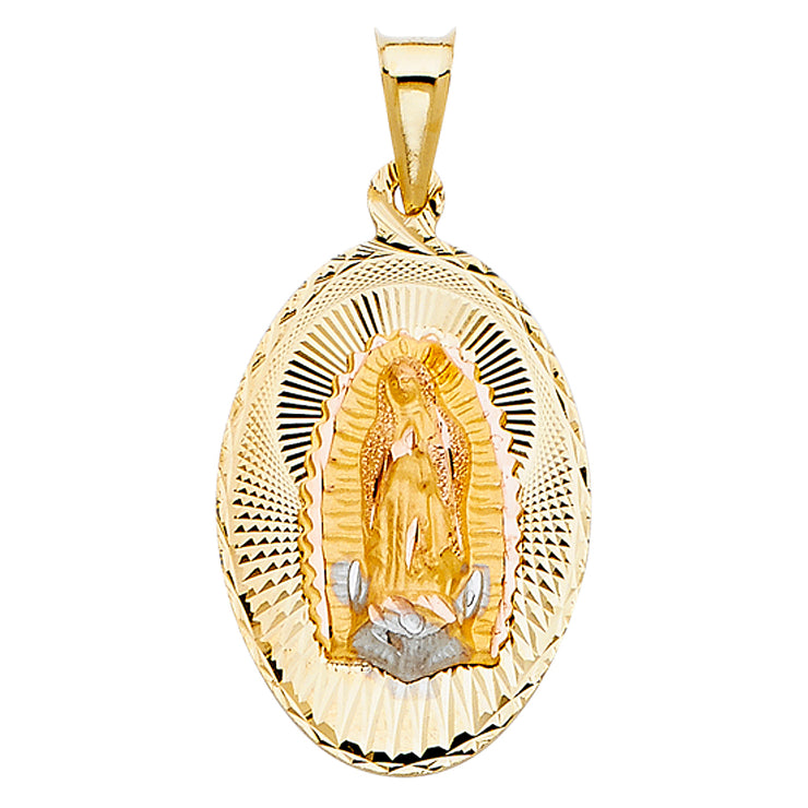 14K Gold Diamond Cut Guadalupe Stamp Charm Pendant with 1.4mm Round Wheat Chain Necklace