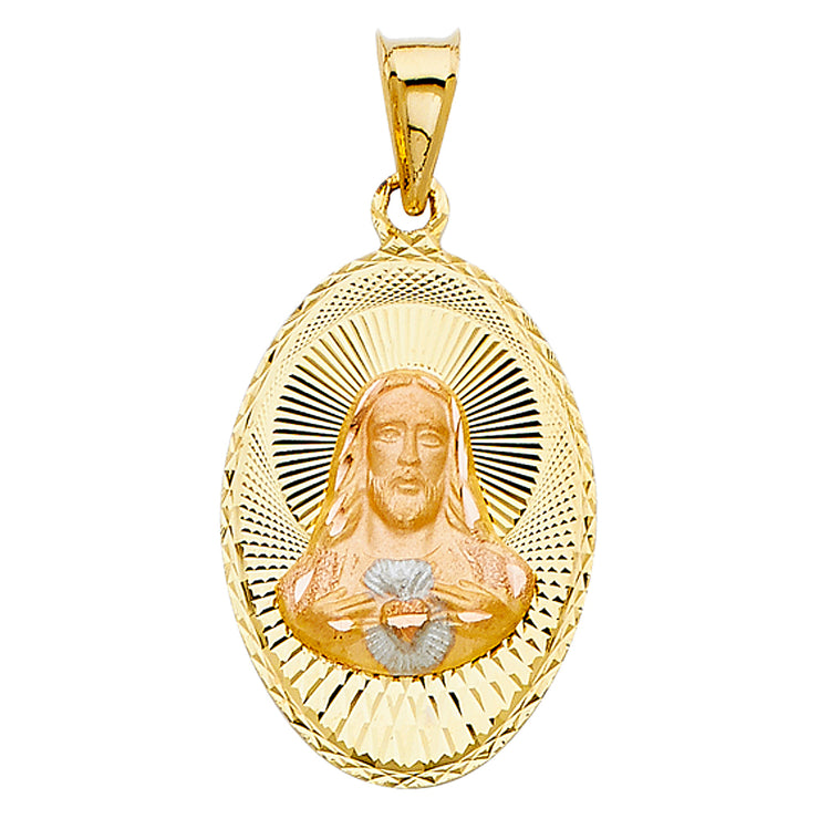 14K Gold Diamond Cut Jesus Face Stamp Religious Charm Pendant with 1.2mm Box Chain Necklace