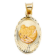 14K Gold Diamond Cut Baptism Stamp Charm Pendant with 1.1mm Wheat Chain Necklace