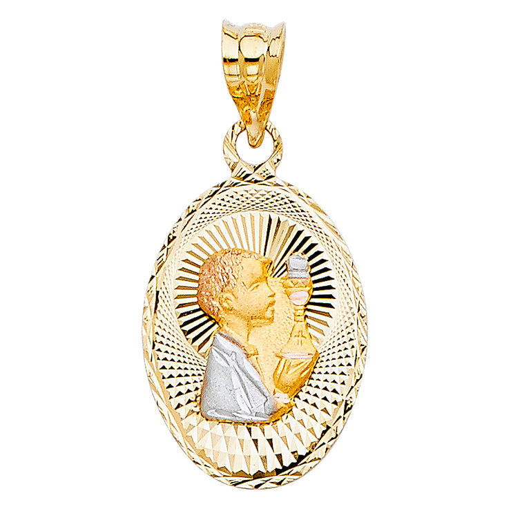 14K Gold Diamond Cut Communion Stamp Religious Charm Pendant with 0.8mm Box Chain Necklace