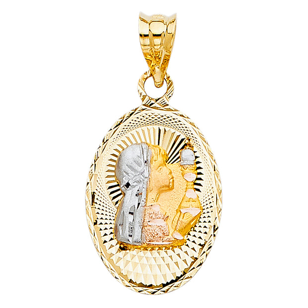 14K Gold Diamond Cut Communion Stamp Religious Charm Pendant with 0.8mm Box Chain Necklace