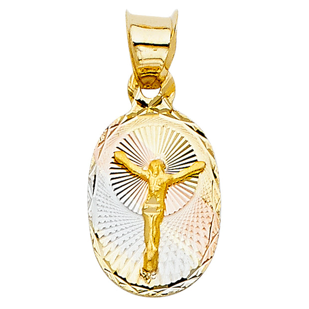 14K Gold Diamond Cut Jesus Stamp Charm Pendant with 0.9mm Wheat Chain Necklace