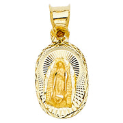 14K Gold Diamond Cut Guadalupe Stamp Charm Pendant with 0.9mm Wheat Chain Necklace