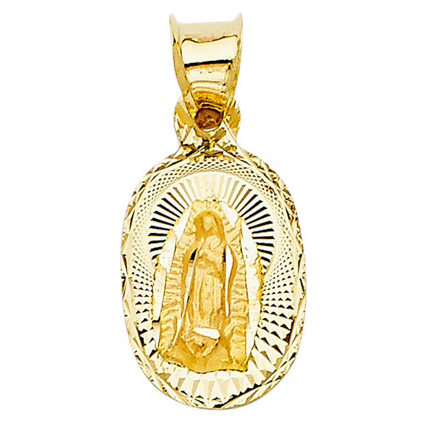 14K Gold Diamond Cut Guadalupe Stamp Religious Charm Pendant with 0.8mm Box Chain Necklace