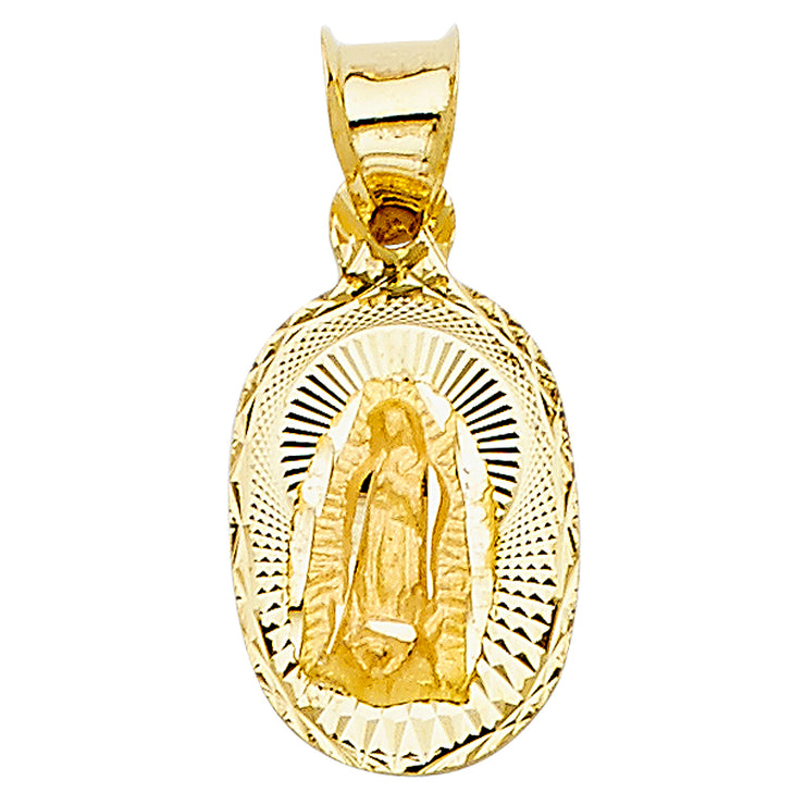 14K Gold Diamond Cut Guadalupe Stamp Charm Pendant with 0.9mm Wheat Chain Necklace